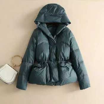 Осень-зима свободная теплая куртка на утином пуху с капюшоном ветрозащитная короткая парка верхняя одежда S чёрный