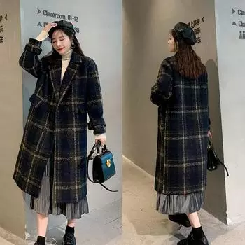 Осень-зима свободное утолщенное шерстяное пальто женская кашемировая клетчатая длинная одежда негабаритная верхняя одежда M