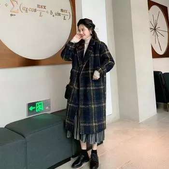 Осень-зима свободное утолщенное шерстяное пальто женская кашемировая клетчатая длинная одежда негабаритная верхняя одежда M