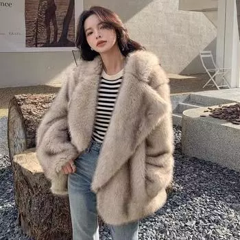 Осень-зима свободного покроя, роскошная мягкая толстая теплая меховая шуба из искусственного меха лисы, женская пушистая куртка с длинным рукавом L