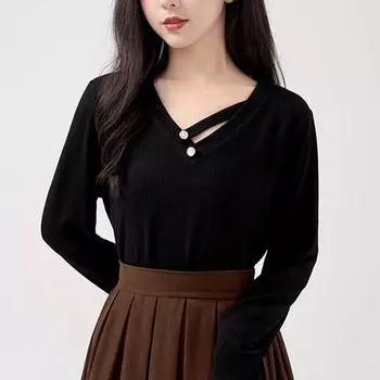 Осень-зима свободные повседневные футболки с V-образным вырезом женские harajuku футболки с длинным рукавом женские пуловеры однотонные милые одежды утолщенные топы M