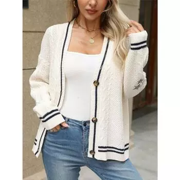 Осень Зима Свободные Вязаные Кардиганы Пальто Женские Свитеры с Вышивкой Звезды Уличная Одежда Винтаж Повседневный Однобортный Топ с Длинным Рукавом XL