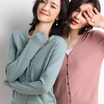 Осень-зима свободные вязаные кардиганы женские с v-образным вырезом и длинным рукавом однотонный однобортный вязаный свитер топ One Size чёрный