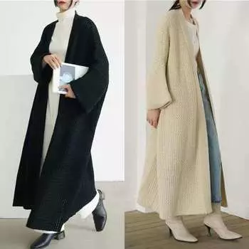 Осень-зима Свободный длинный вязаный кардиган в ленивом стиле выше колена Толстая нить Большие размеры свитера Куртки и пальто женские One Size чёрный