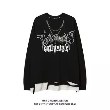 Осень-зима свободный лоскутный свитер топ женский с буквенным принтом и цепочкой декоративная рубашка женская уличная одежда Y2K Tide M белый