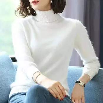 Осень-зима свободный однотонный свитер с высоким воротом из норки и кашемира женский трикотажный свитер толстый теплый однотонный свитер с высокими лацканами одежда топы XXXL белый