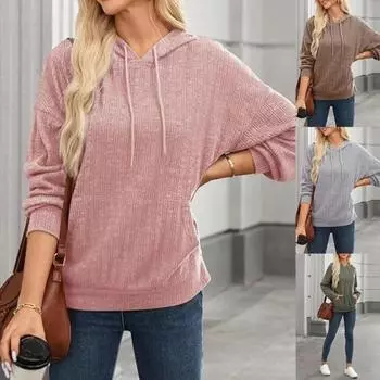 Осень-зима Свободный пуловер с капюшоном Женский топ Повседневный карман Длинные рукава Толстовки и свитшоты Женские S чёрный