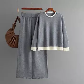 Осень-зима, свободный пуловер с круглым вырезом, женский однотонный вязаный широкий брюки с длинными рукавами, комплект из двух предметов One Size серый