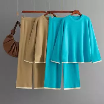 Осень-зима, свободный пуловер с круглым вырезом, женский однотонный вязаный широкий брюки с длинными рукавами, комплект из двух предметов One Size чёрный