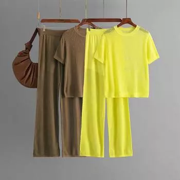 Осень-зима, свободный пуловер с круглым вырезом, женский однотонный свитер с короткими рукавами и широкими брюками, комплект из двух предметов One Size чёрный