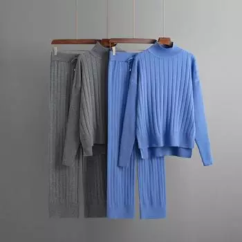 Осень-зима, свободный пуловер с полувысоким воротником и ленивым ветром, женский однотонный свитер в полоску с длинными рукавами, вязаные широкие брюки, комплект из двух предметов OneSize чёрный