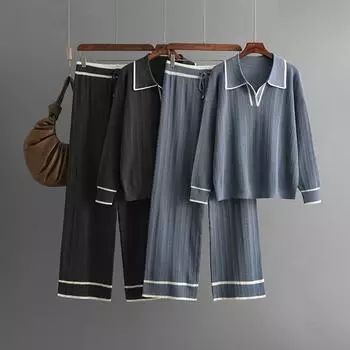 Осень-зима, свободный пуловер с v-образным вырезом и v-образным вырезом, костюм-свитер, женский однотонный вязаный широкий брюки с длинными рукавами, комплект из двух предметов One Size чёрный