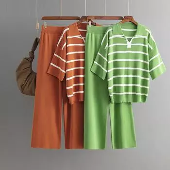 Осень-зима, свободный пуловер с высоким воротником, свитер, женский костюм в полоску, с половиной рукавом, вязаные широкие брюки, комплект из двух предметов One Size чёрный