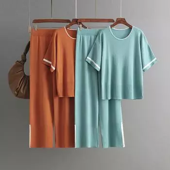 Осень-зима, свободный пуловер с высоким воротником, костюм-свитер, женский однотонный вязаный широкий брюки с короткими рукавами, комплект из двух предметов One Size чёрный