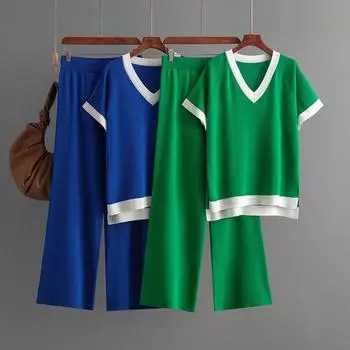 Осень-зима, свободный пуловер с высоким воротником, костюм-свитер, женский однотонный вязаный широкий брюки с короткими рукавами, комплект из двух предметов One Size чёрный