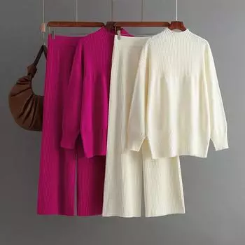 Осень-зима, свободный пуловер с высоким воротником, костюм-свитер, женский однотонный вязаный широкий брюки с короткими рукавами, комплект из двух предметов One Size чёрный