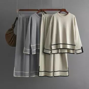 Осень-зима, свободный пуловер с высоким воротником, костюм-свитер, женский однотонный вязаный широкий брюки с длинными рукавами, комплект из двух предметов One Size чёрный