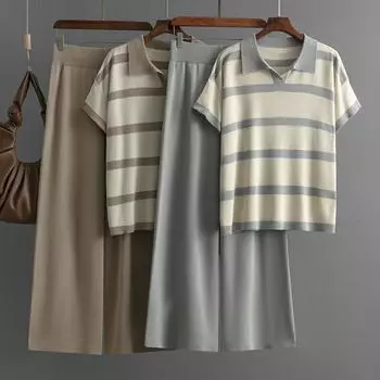 Осень-зима, свободный пуловер с высоким воротником, костюм-свитер, женский однотонный вязаный широкий брюки с короткими рукавами, комплект из двух предметов One Size серый