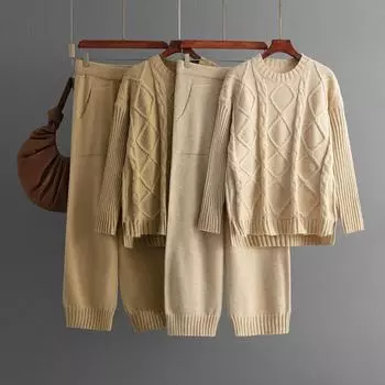 Осень-зима, свободный пуловер с высоким воротником, костюм-свитер, женский однотонный вязаный широкий брюки с длинными рукавами, комплект из двух предметов One Size чёрный