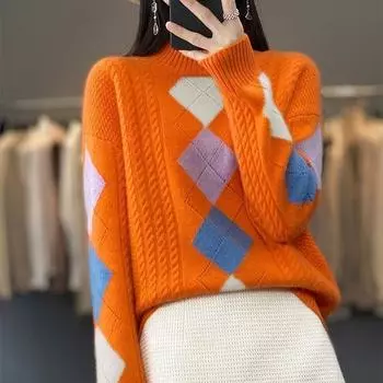 Осень-зима свободный вязаный свитер-пуловер женский свитер с цветными блоками полуводолазка утолщенный трикотажный джемпер S белый