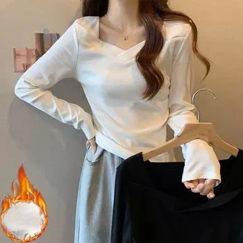 Осень-зима теплая бархатная футболка с длинным рукавом женская с V-образным вырезом повседневные тонкие футболки женские пуловеры одежда Y2k мягкие утолщенные топы S