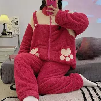 осень зима теплая фланелевая пижама комплект утолщенная теплая цветная блокировка мультяшная молния женские пижамные комплекты ночная рубашка для отдыха пижамный костюм женская домашняя одежда M розовый