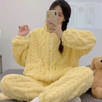 осень зима теплая фланелевая пижама комплект утолщенная теплая однотонная молния женские пижамные комплекты ночная рубашка для отдыха желтый пижамный костюм женский домашняя одежда M