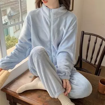 осень зима теплая фланелевая пижама комплект утолщенная теплая однотонная молния женские пижамные комплекты ночная рубашка для отдыха пижамный костюм женская домашняя одежда M