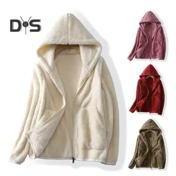 Осень-зима теплая флисовая куртка с капюшоном и длинными рукавами на молнии с карманами утолщенная толстовка пальто однотонная плюшевая верхняя одежда L верблюд