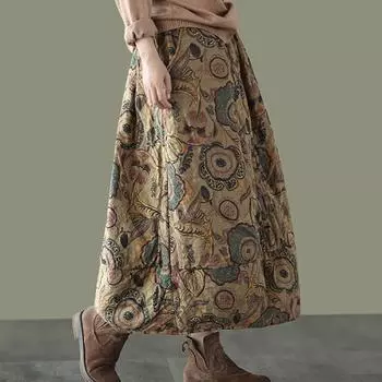 Осень-зима, теплая хлопково-льняная универсальная винтажная длинная юбка в китайском стиле с национальным эластичным принтом One Size коричневый