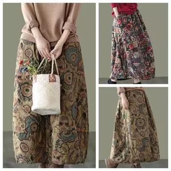 Осень-зима, теплая хлопково-льняная универсальная винтажная длинная юбка в китайском стиле с национальным эластичным принтом One Size