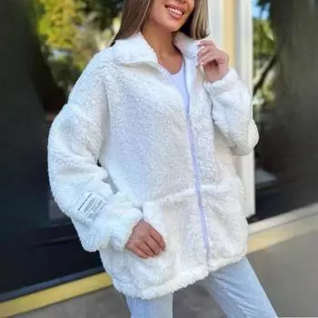 Осень-зима Теплая повседневная свободная меховая молния Женская уличная одежда Пальто с лацканами Длинные рукава Верхняя одежда Модная однотонная куртка с карманами Пальто XXXL белый