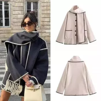 Осень-зима, теплое толстое пальто в стиле пэчворк для женщин, повседневное однобортное пальто с воротником-шарфом, с карманами, женская модная уличная куртка S бежевый