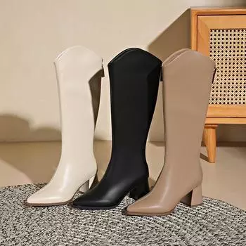 Осень-зима, теплые меховые женские сапоги до колена, модные туфли с острым носком, толстый каблук, женские длинные сапоги в рыцарском стиле 35