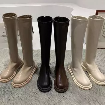 Осень-зима теплые меховые женские сапоги до колена модные элегантные туфли с молнией сзади квадратный низкий каблук женские рыцарские длинные сапоги 35