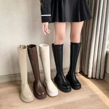 Осень-зима теплые меховые женские сапоги до колена модные элегантные туфли с молнией сзади квадратный низкий каблук женские рыцарские длинные сапоги 35