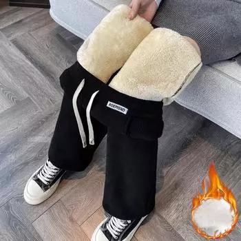 Осень-зима Теплые прямые брюки женские зимние плюшевые флисовые термоэластичные женские вельветовые свободные брюки женские большого размера 4XL брюки из плотного бархата Ткань M чёрный