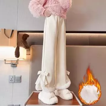 Осень-зима Теплые прямые брюки женские зимние плюшевые флисовые банты Термоэластичные женские вельветовые свободные брюки женские плотные брюки Одежда больших размеров 3XL S абрикосовый