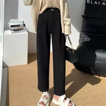 Осень-зима, теплые утепленные широкие брюки с высокой талией, элегантные офисные женские повседневные свободные однотонные простые элегантные прямые брюки S