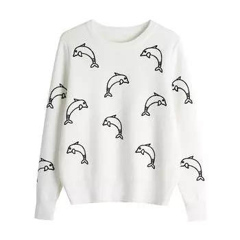 Осень-зима теплый вязаный свитер, пуловер, топы, женская мода, вышивка, длинный рукав, джемпер с флисом One Size белый