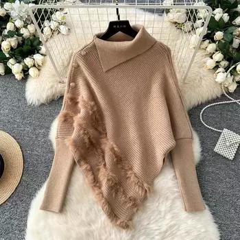 Осень-зима теплый вязаный свитер водолазка пуловер топы женские модные длинные рукава джемперы с искусственным мехом One Size хаки