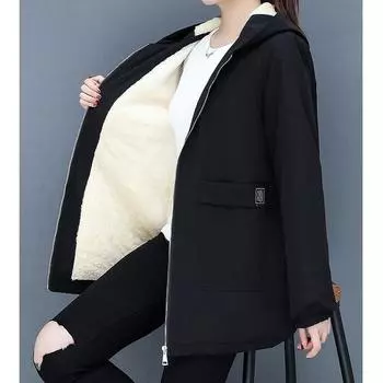Осень-зима, толстое теплое пальто из овечьей шерсти с хлопковой подкладкой, женская блузка средней длины с капюшоном и свободным кроем XXXXL чёрный