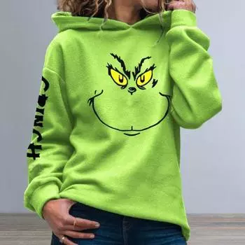 Осень-зима Толстовка с капюшоном Эластичный манжет Низ Мультяшный принт Узор с буквами Свободный Толстый Свободный S зелёный