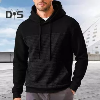 Осень-зима Толстовка с капюшоном с вафельной текстурой, с капюшоном и длинными рукавами, контрастного цвета, свободная спортивная повседневная повседневная средняя длина. S темно-серого