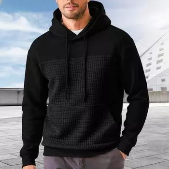 Осень-зима Толстовка с капюшоном с вафельной текстурой, с капюшоном и длинными рукавами, контрастного цвета, свободная спортивная повседневная повседневная средняя длина. M чёрный