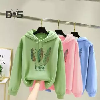 Осень-зима Толстовка с принтом перьев с длинным рукавом толстая свободная мягкая толстовка с капюшоном на шнурке унисекс сохраняет тепло Повседневная эластичная манжета для женщин и мужчин толстовка 3XL розовый