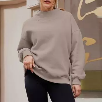 Осень-зима толстовка сплошной цвет свободный пуловер с высоким воротником эластичные манжеты толстый плюш средней длины теплый повседневный женский спортивный топ S светло-серый