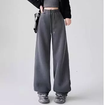Осень-зима, толстые теплые женские длинные брюки, новые модные элегантные повседневные спортивные брюки с высокой талией и завязками, женские однотонные широкие брюки 2398 S белый/серый