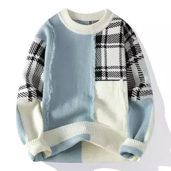 Осень-зима Толстый мужской свитер Модный пэчворк Вязаный пуловер Мужской Повседневный Уличный Трикотаж Для Пары XL чёрный