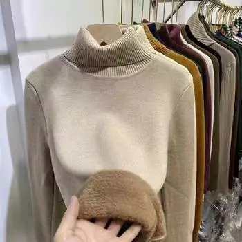 Осень-зима толстый теплый бархатный женский свитер с высоким воротом, длинный рукав, однотонный плюшевый пуловер, свитера женские облегающие повседневные женские трикотажные джемперы 25196 One Size белый